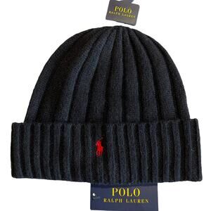 Polo Ralph Lauren Beanie Mens Black Red Pony Wool Blend Rib Knit Cuff Winter Hat